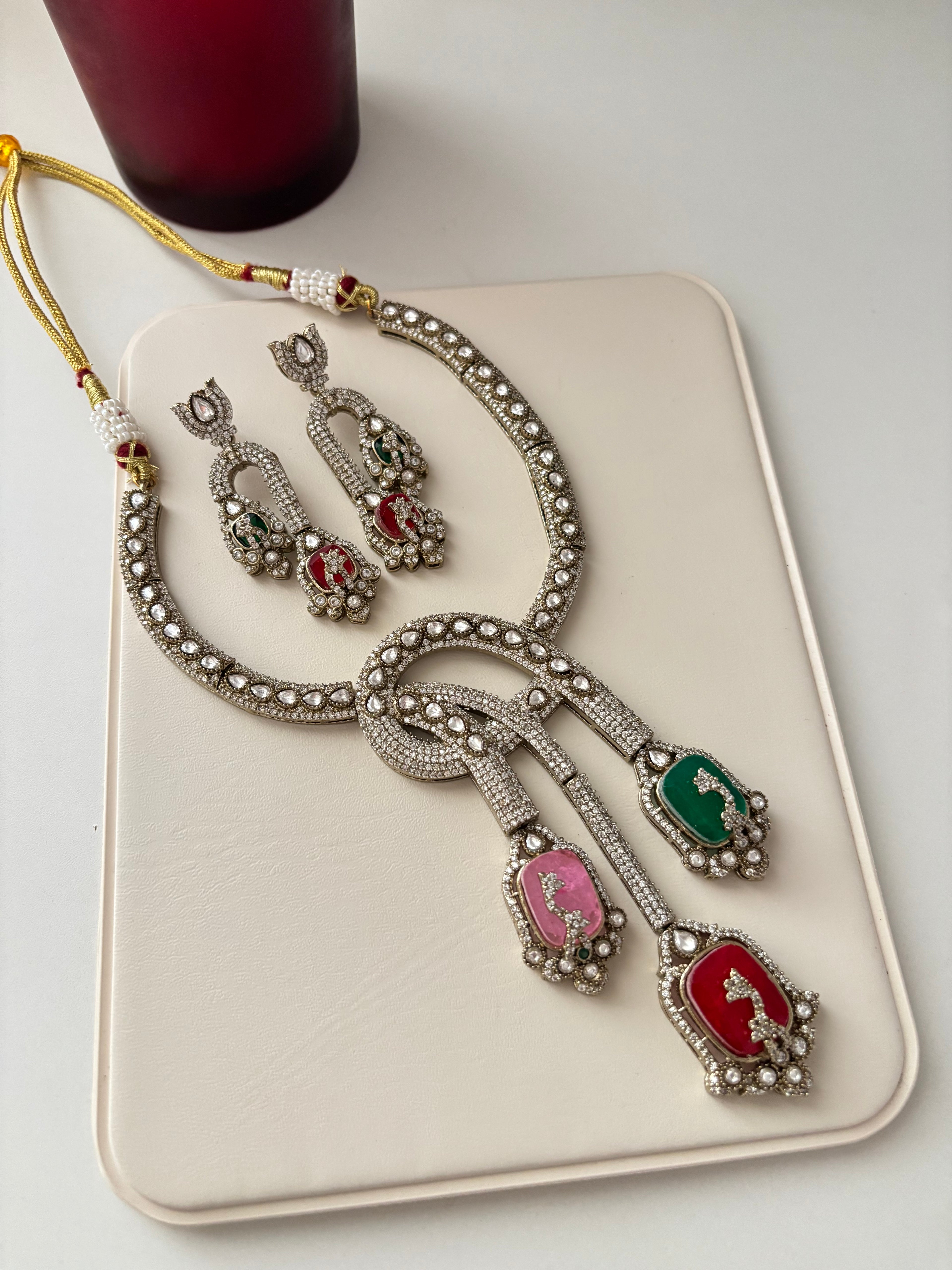 Statement Designer Twist Moissanite & Doublet Stones Work Necklace With Earrings