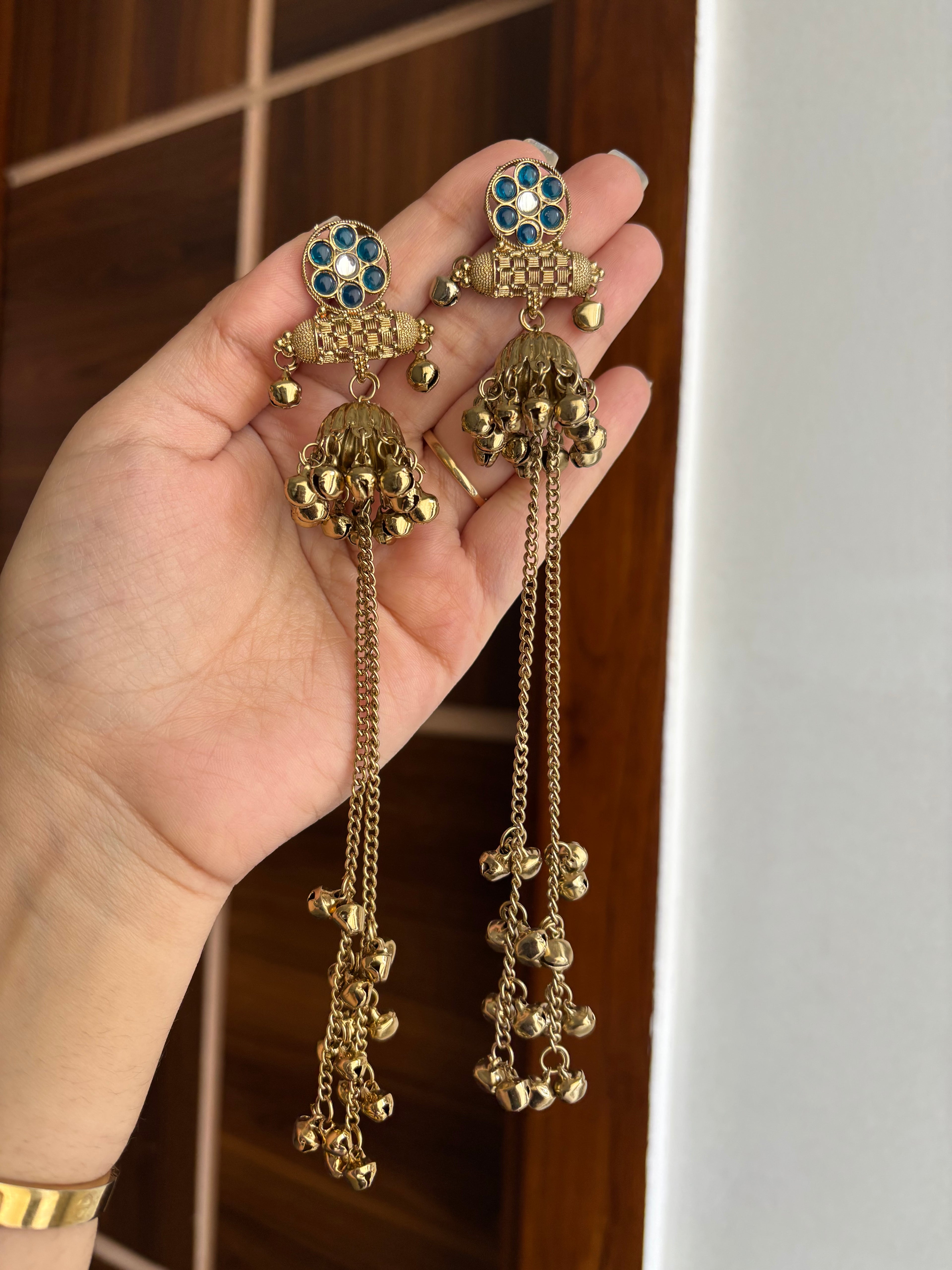Daisy Kashmiri Jhumkas With Long Layers (Blue)