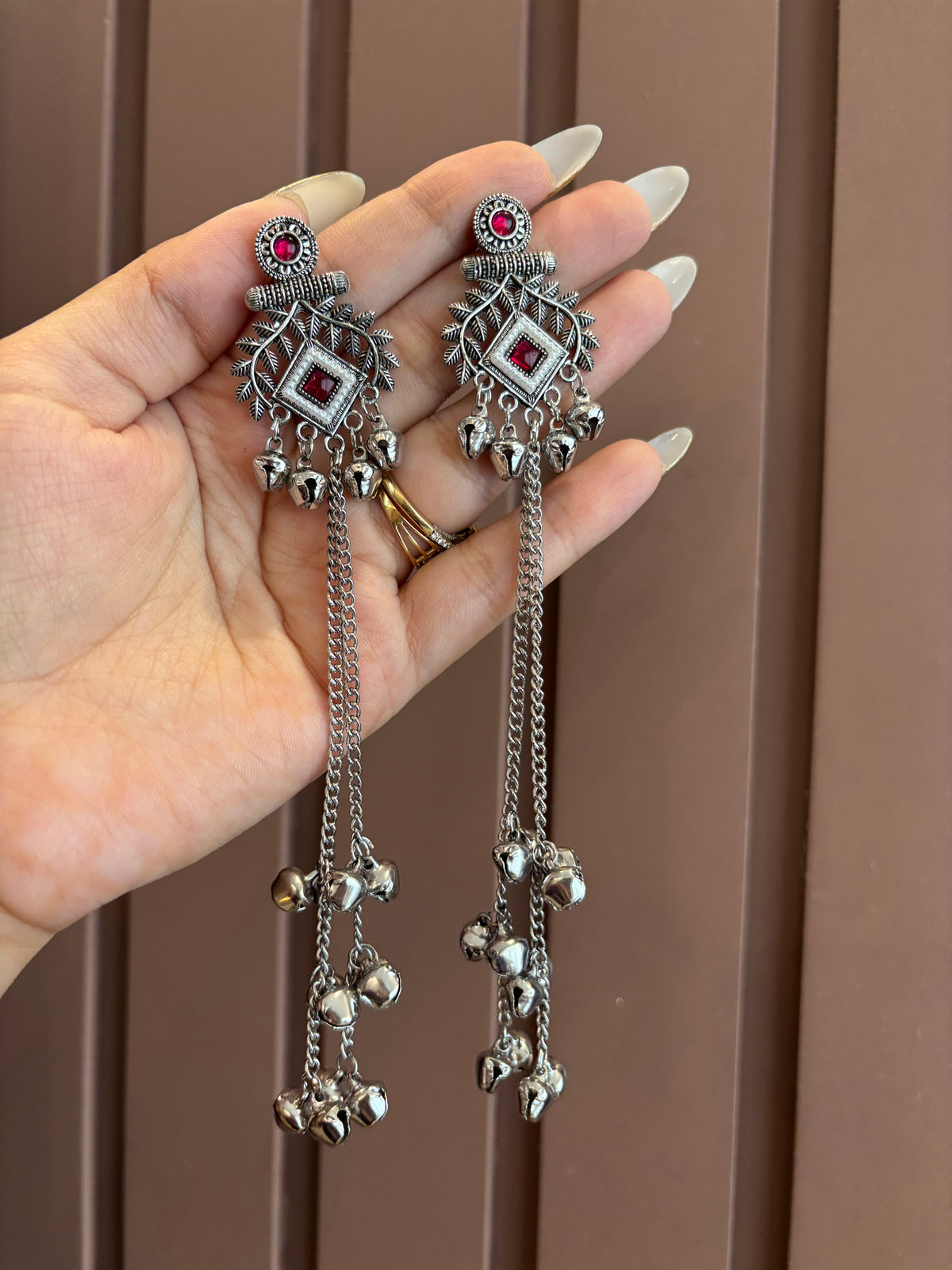 Tripti Silver Ghungroo Earrings (Ruby)