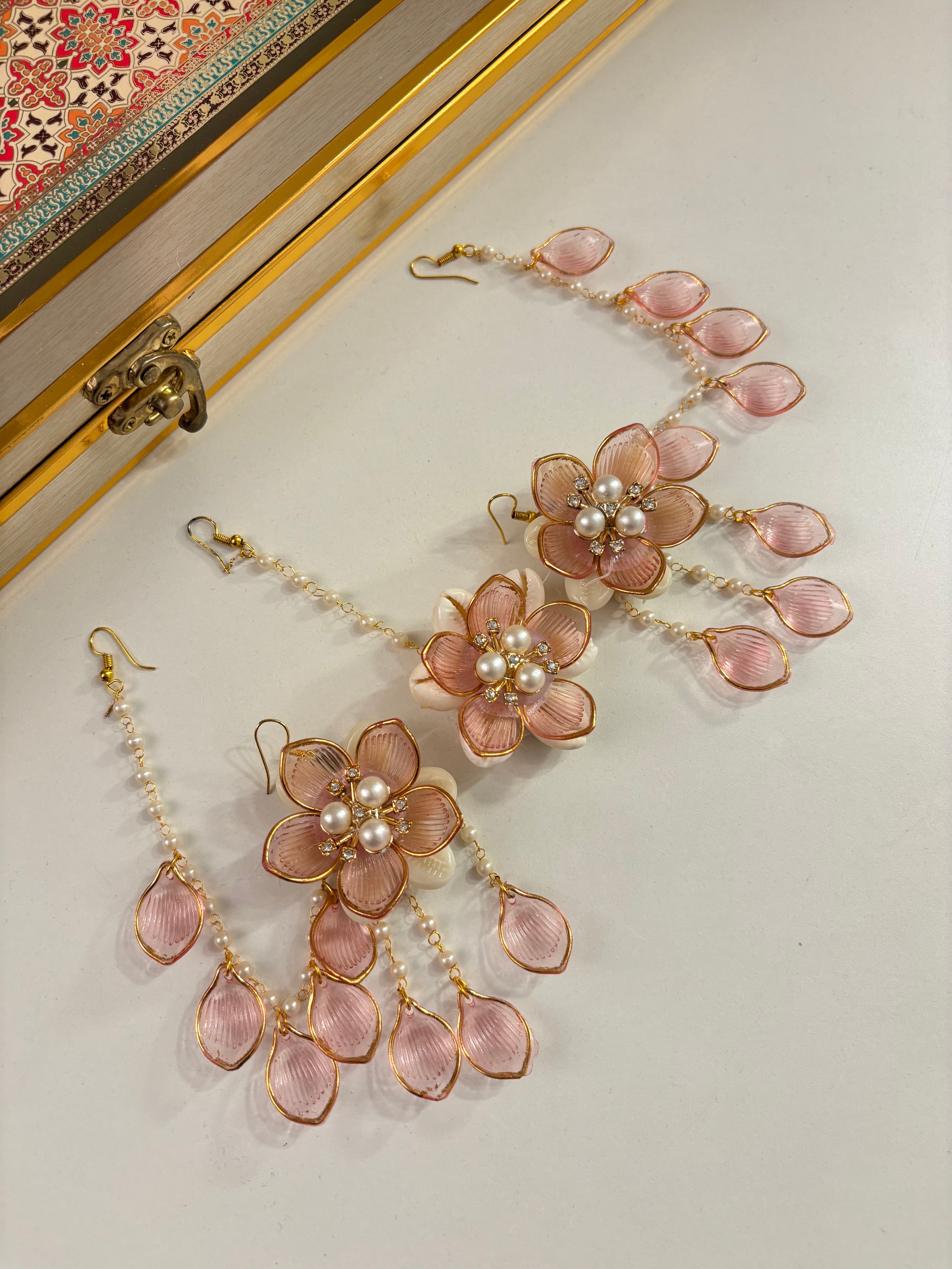 Rose Petal & Mogra Touch Necklace With Mang Tikka & Earrings With Side Layers (Pink)