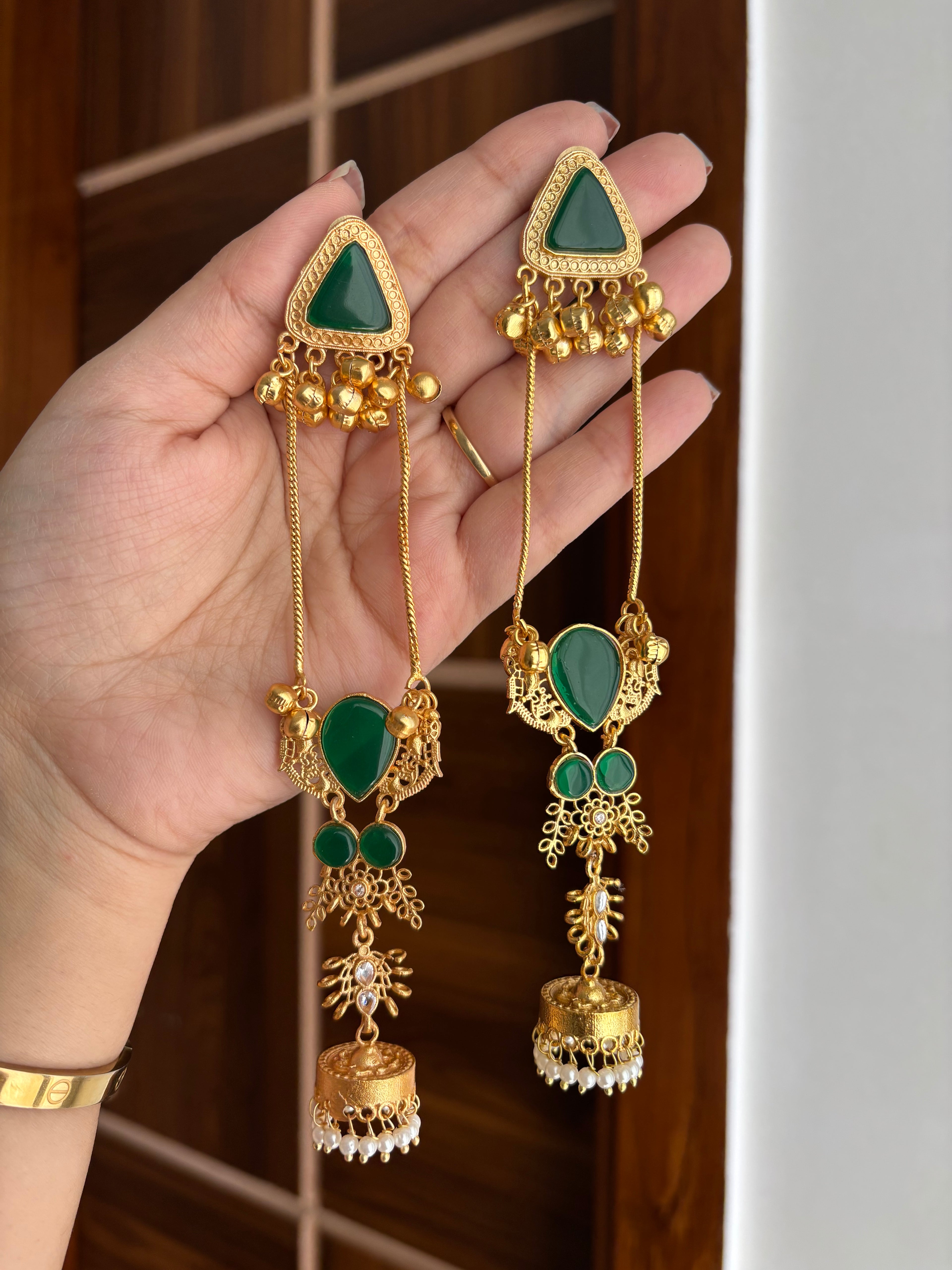 Tara Designer Long Kashmiri Earrings (Green)