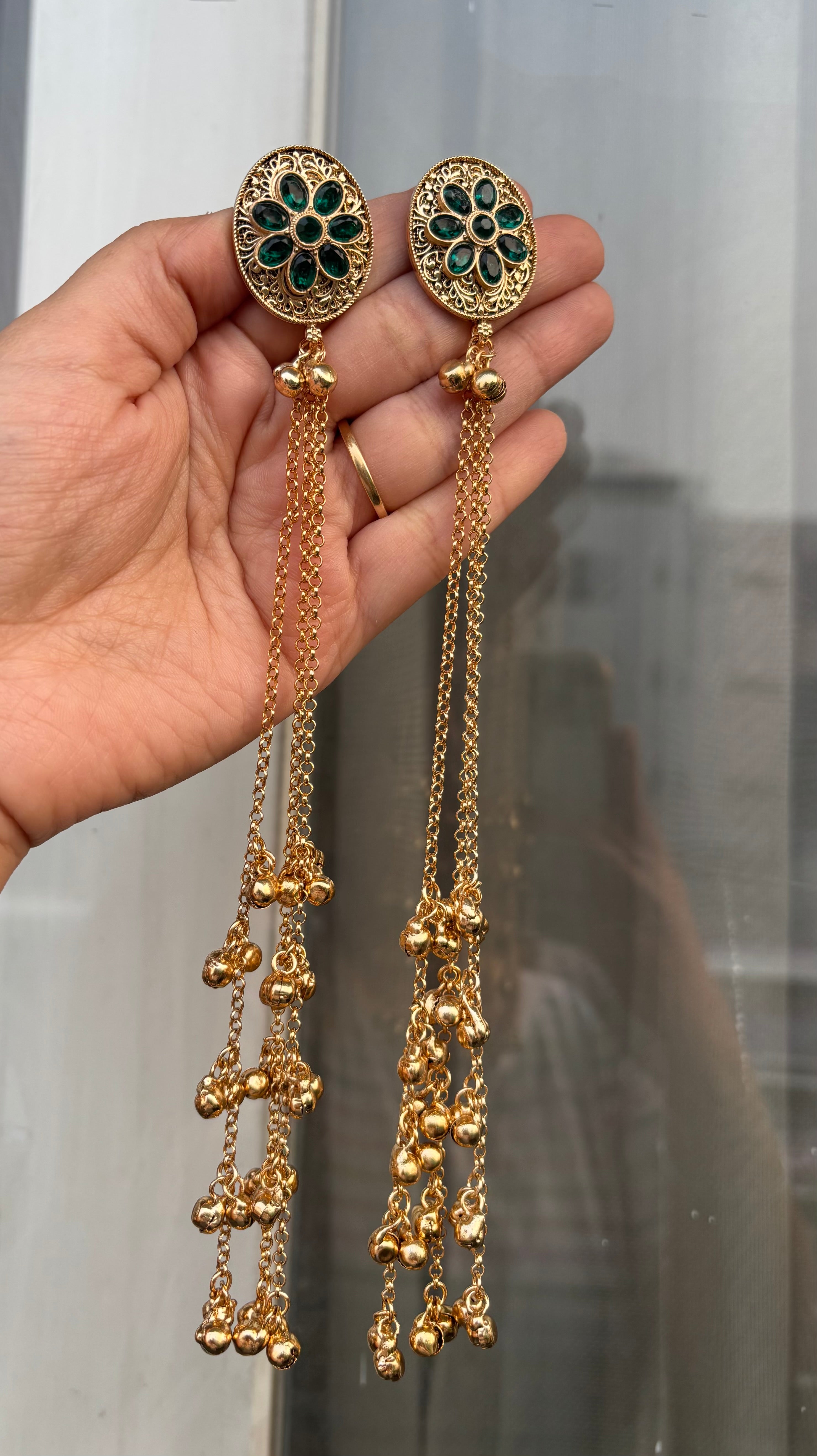 Green Flower Stud Kashmiri Long Layer Ghungroo Earrings
