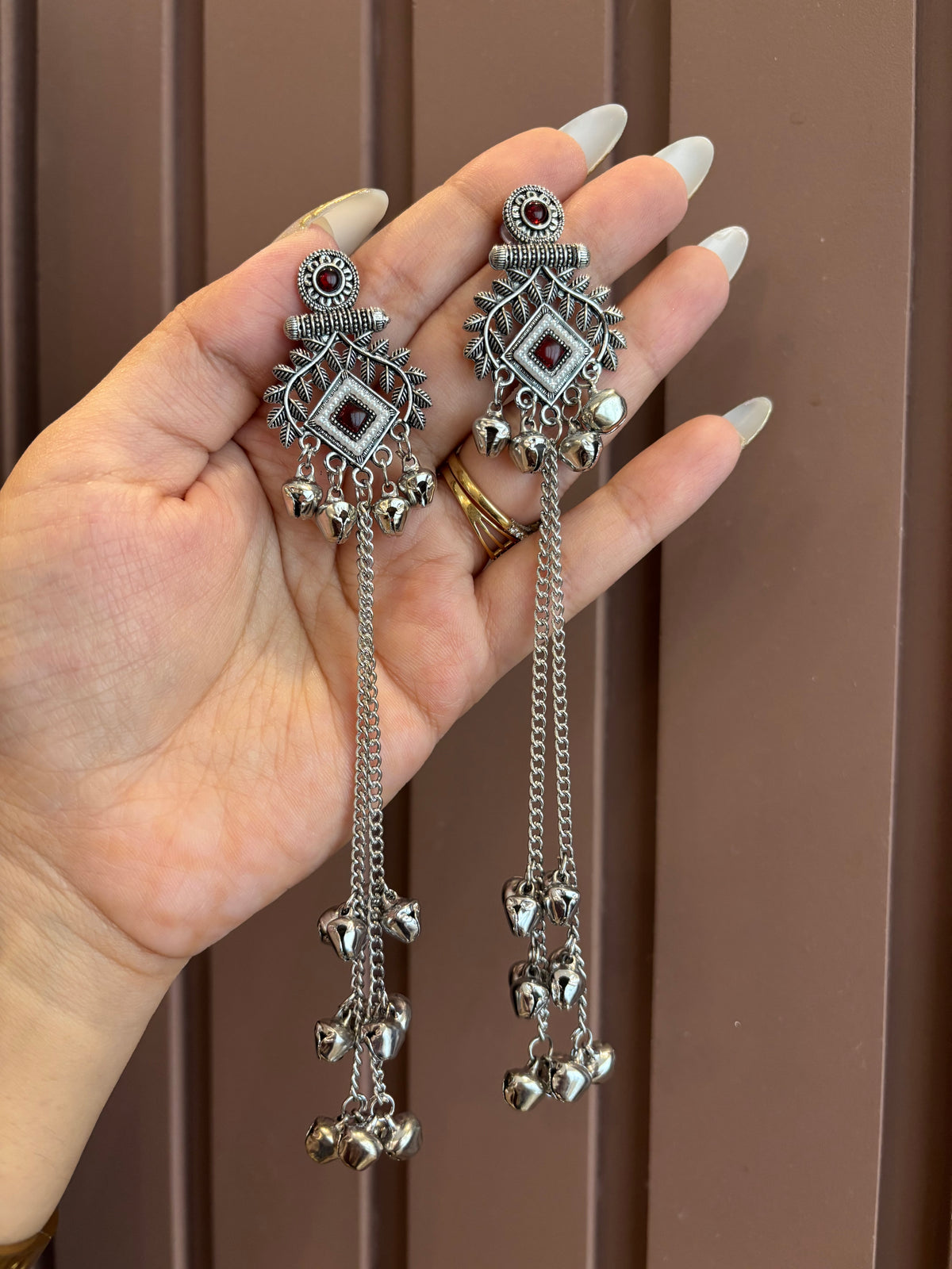 Tripti Silver Ghungroo Earrings (Maroon)