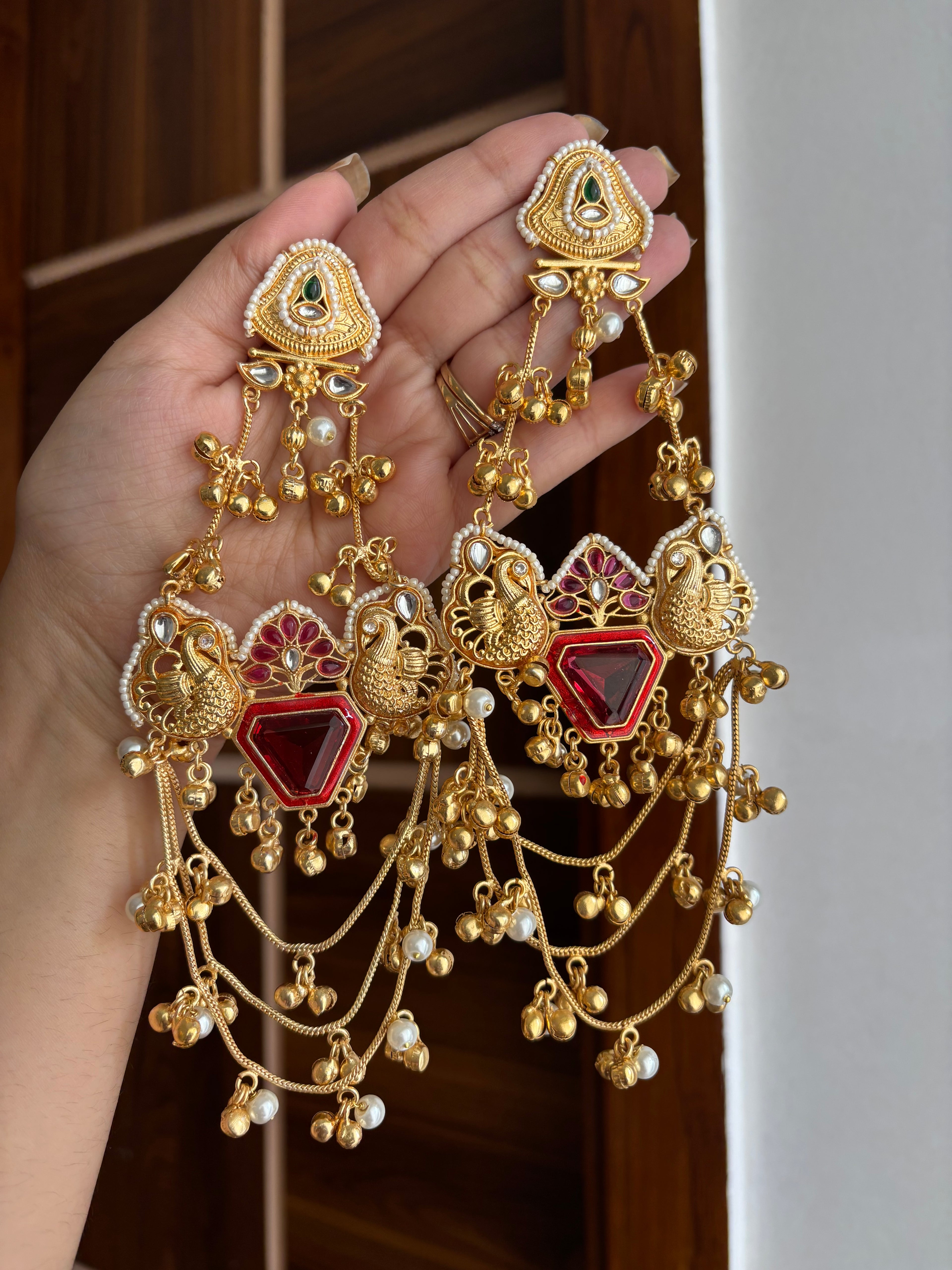 Alisha Long Kashmiri Earrings (Ruby)