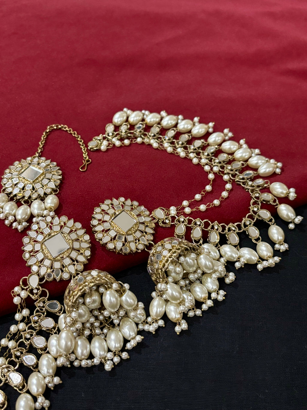 High Quality Designer Premium Quality Full Mirror Work Mang Tikka & Jhumkas With Side Layers