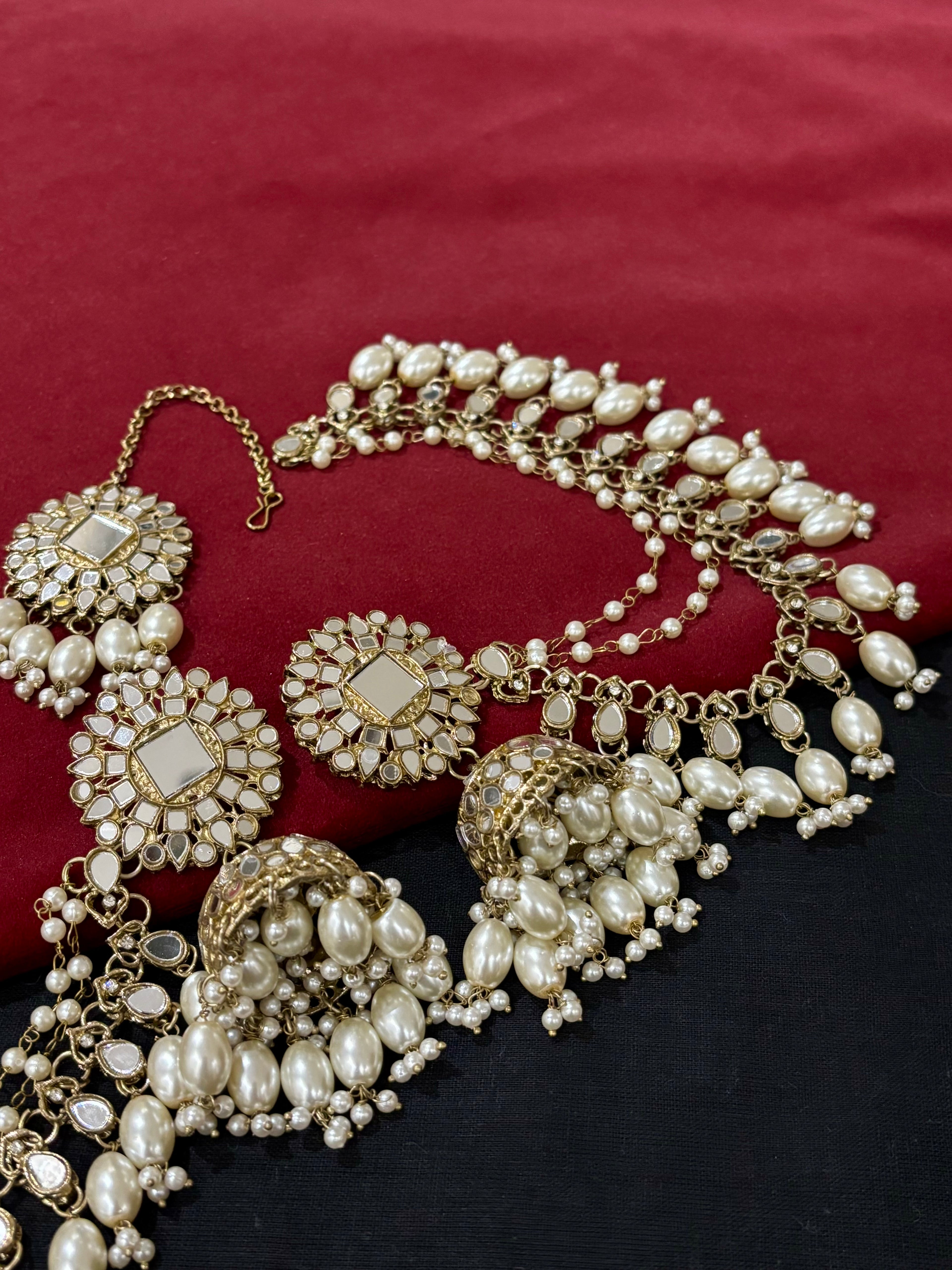 High Quality Designer Premium Quality Full Mirror Work Mang Tikka & Jhumkas With Side Layers