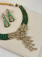 Premium Rose Statement Necklace With Earrings (Emerald)