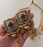 Premium Brass Pachi Kundan Work Neckalce With Stud Earrings (Ruby/Emerald)