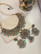 Premium Heavy Look Royal Necklace With Earrings (Pink/Mint)
