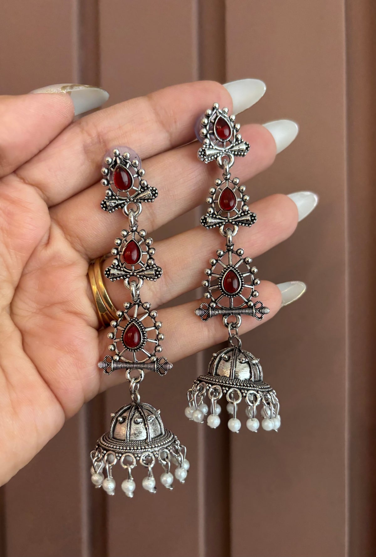 Kajal Silver Jhumkas (Maroon)