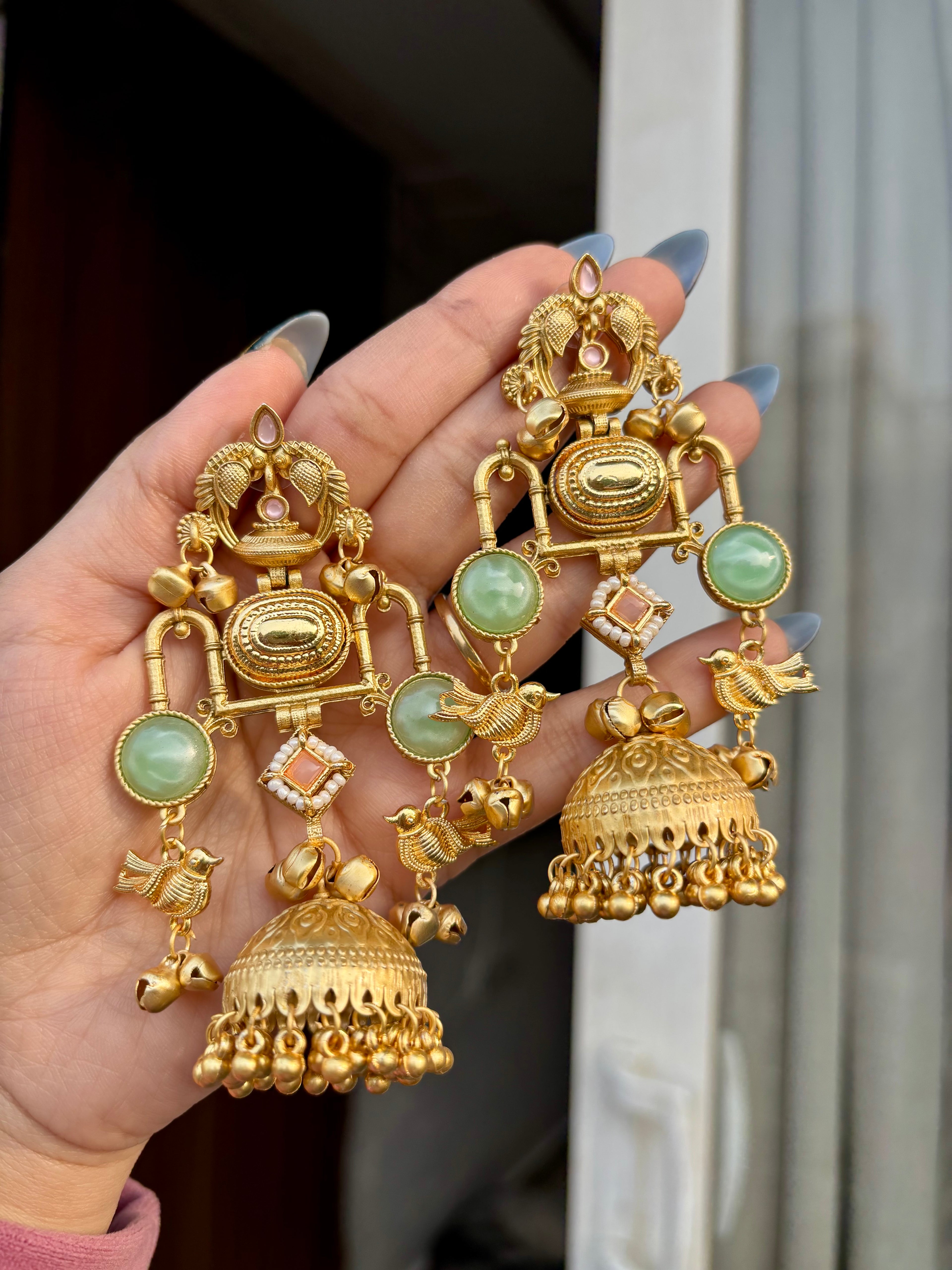 Mint Pink Mix Bird Golden Kashmiri Statement Jhumkas