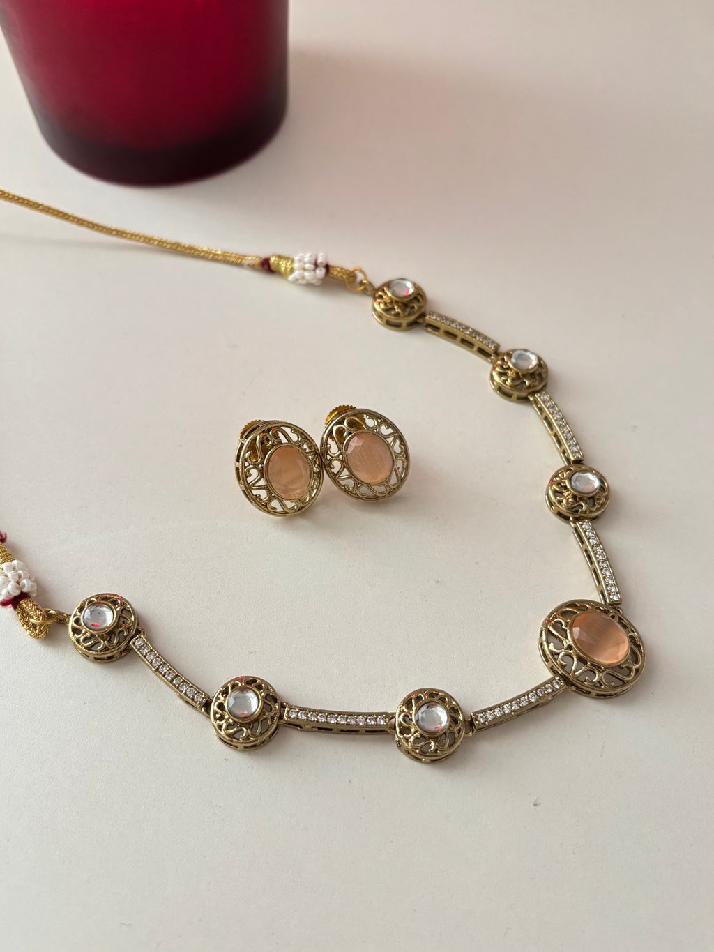 Premium Doublet & Polki Work Necklace With Studs (Peach)