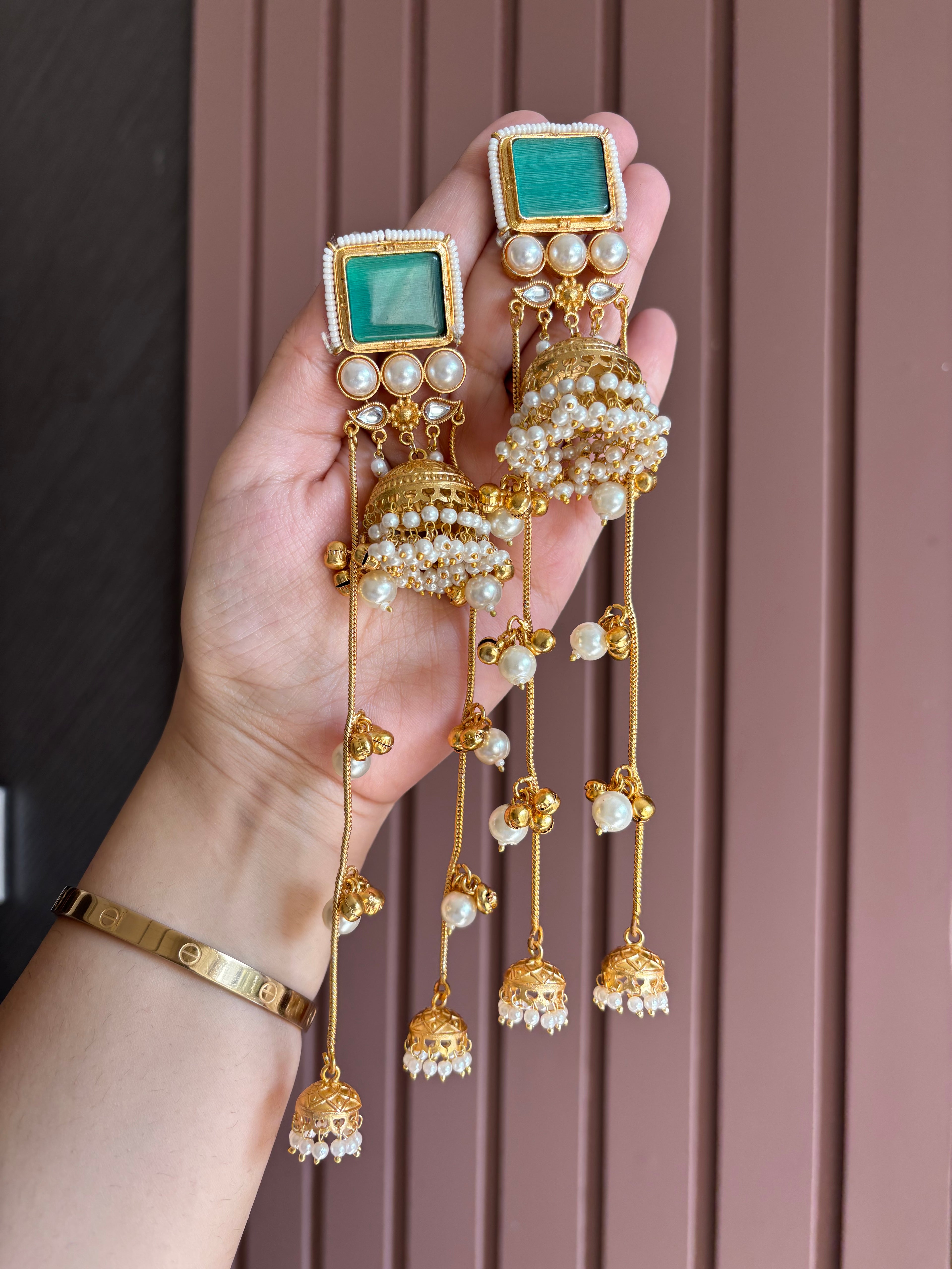 High Quality Designer Tanisha Jhumkas With Long Layers (Turquoise)