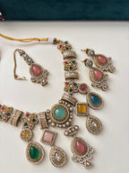 Premium Turkish Necklace With Mang Tikka & Earrings (Pastel Shade Mix)