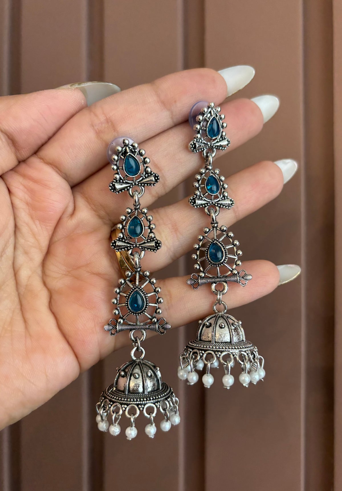 Kajal Silver Jhumkas (Blue)