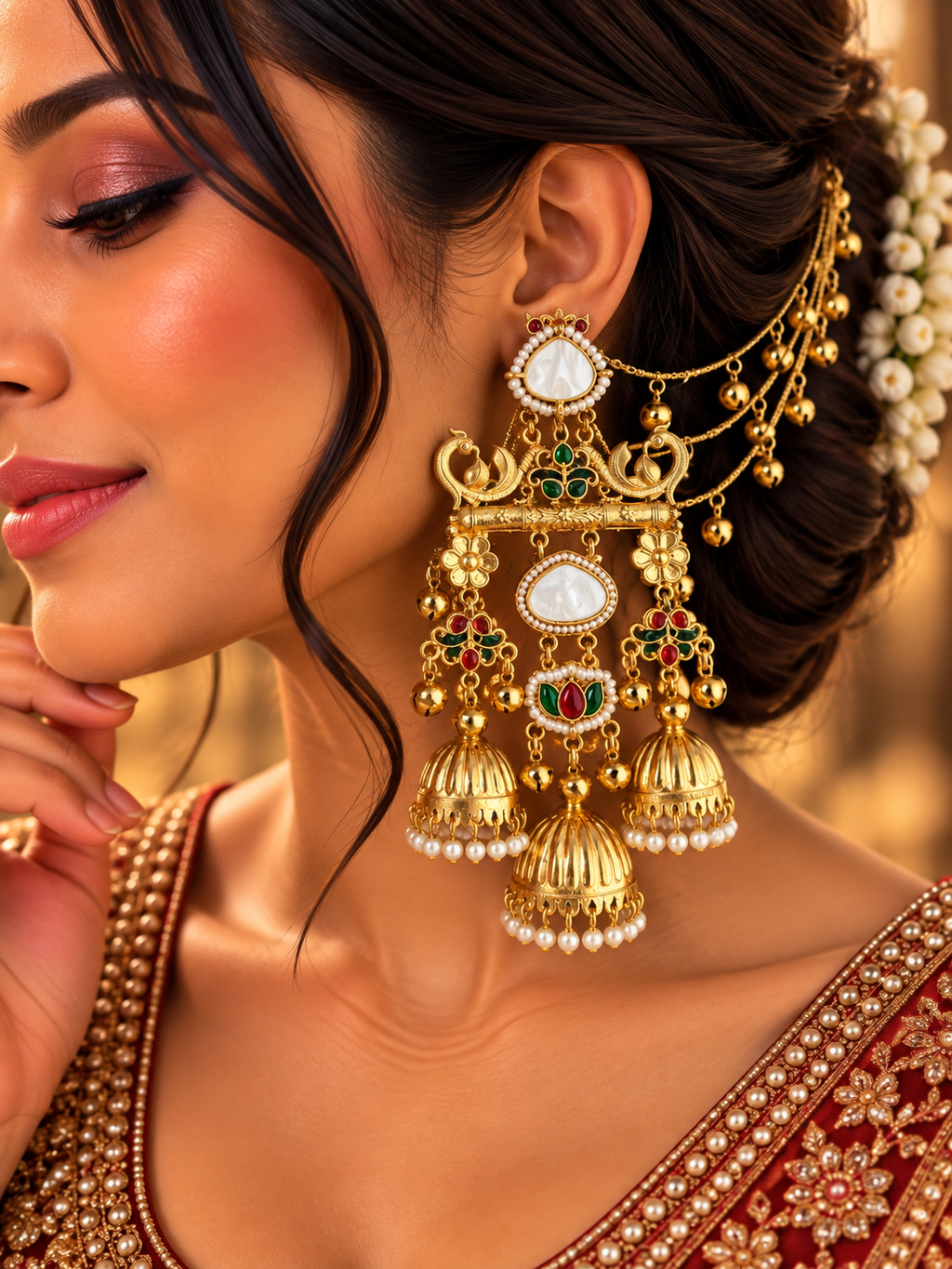 Avni Kashmiri Long Earrings With Detachable Earchain (Ruby/Emerald)