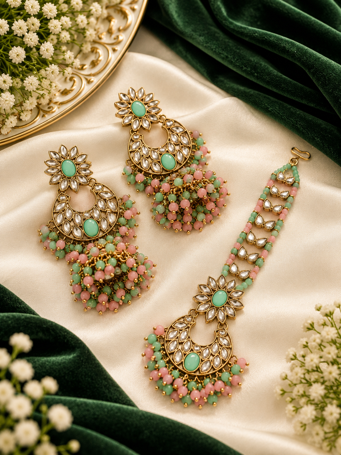 Pink Mint Mix Long Earrings With Mamg Tikka
