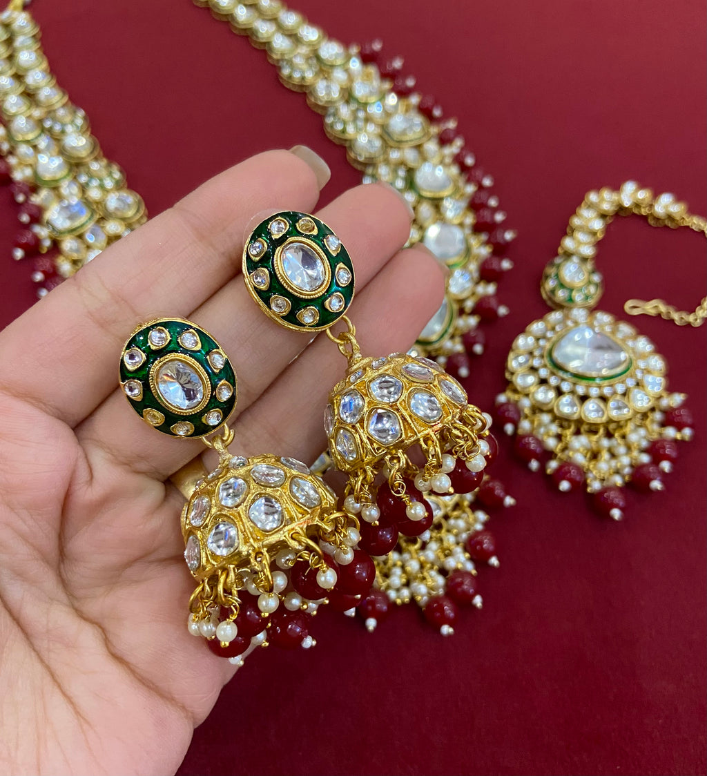 The Long Maroon Rani Haar With Mang Tikka & Jhumkas