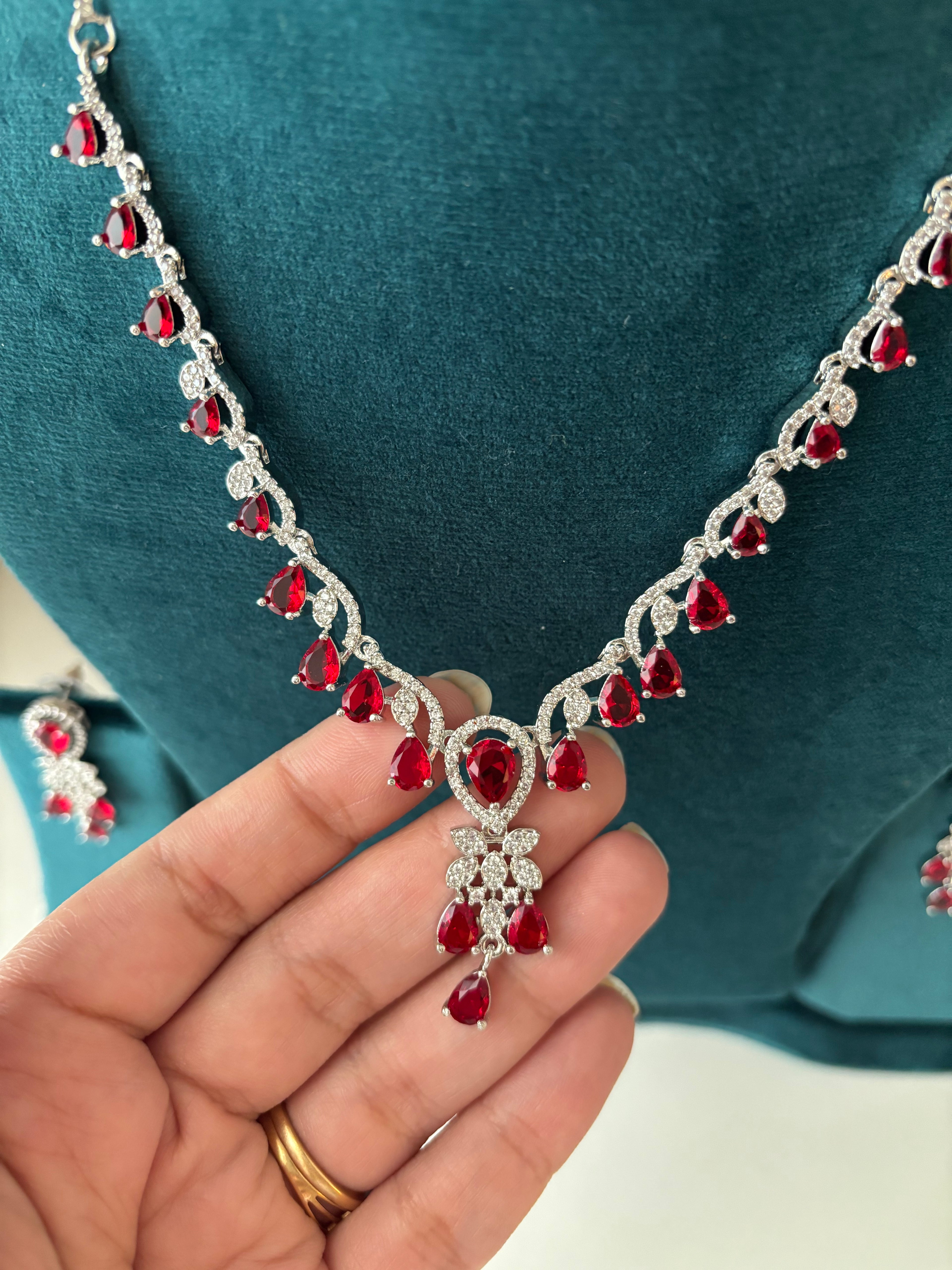 Elizabeth American Diamond Necklace With Earrings (Ruby)