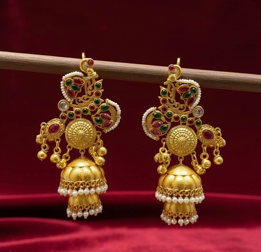 High Quality Designer Meena Earcuff With 2 Layer Jhumkas & Ghungroo Touch ( Ruby & Emerald Mix )