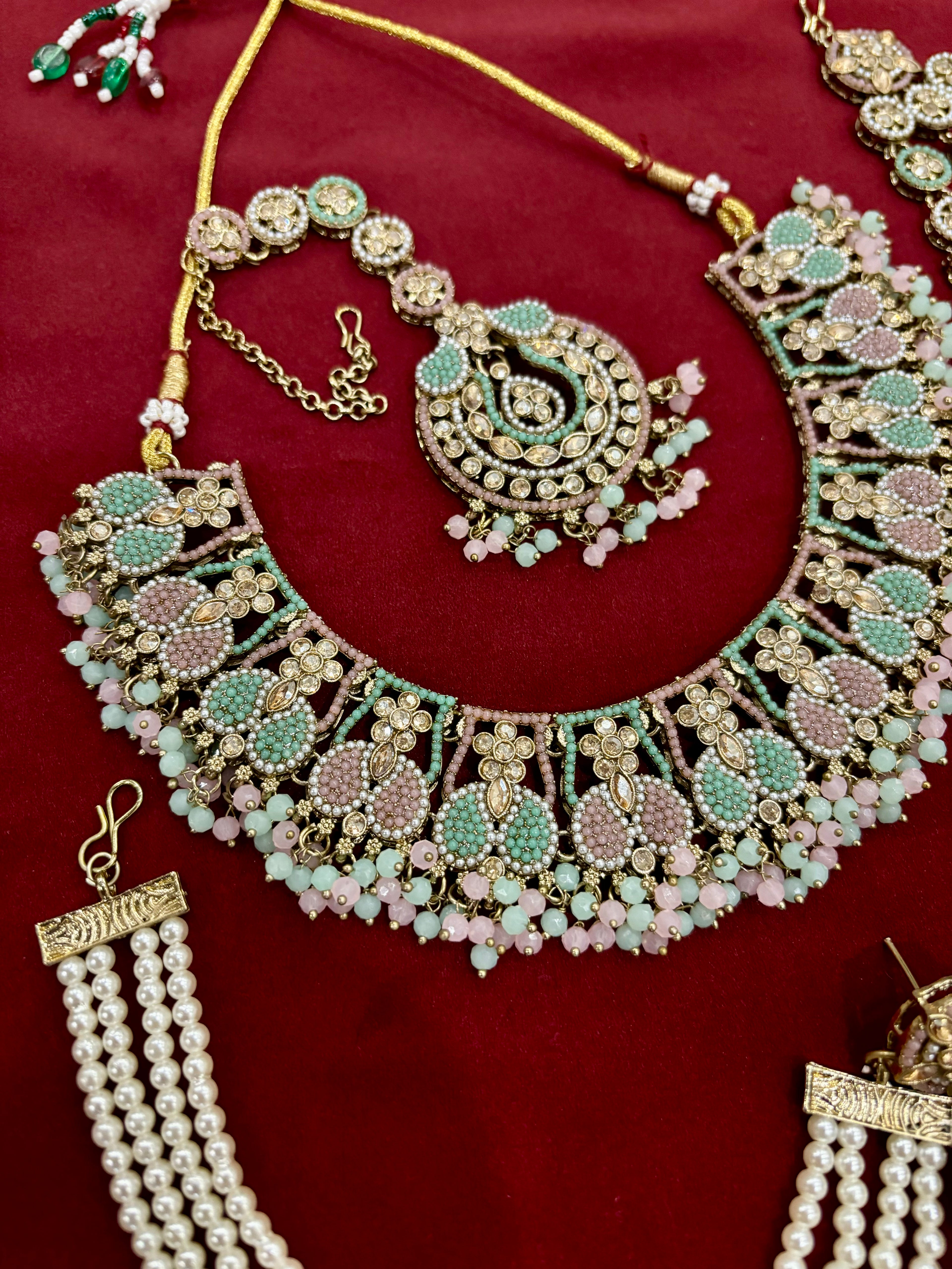 Royal Mughal Necklace with Maang Tikka, Jhumkas with Side Layer & Passa