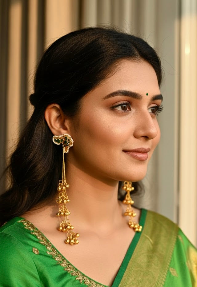 Bird & Lotus Green Kashmiri Long Earrings