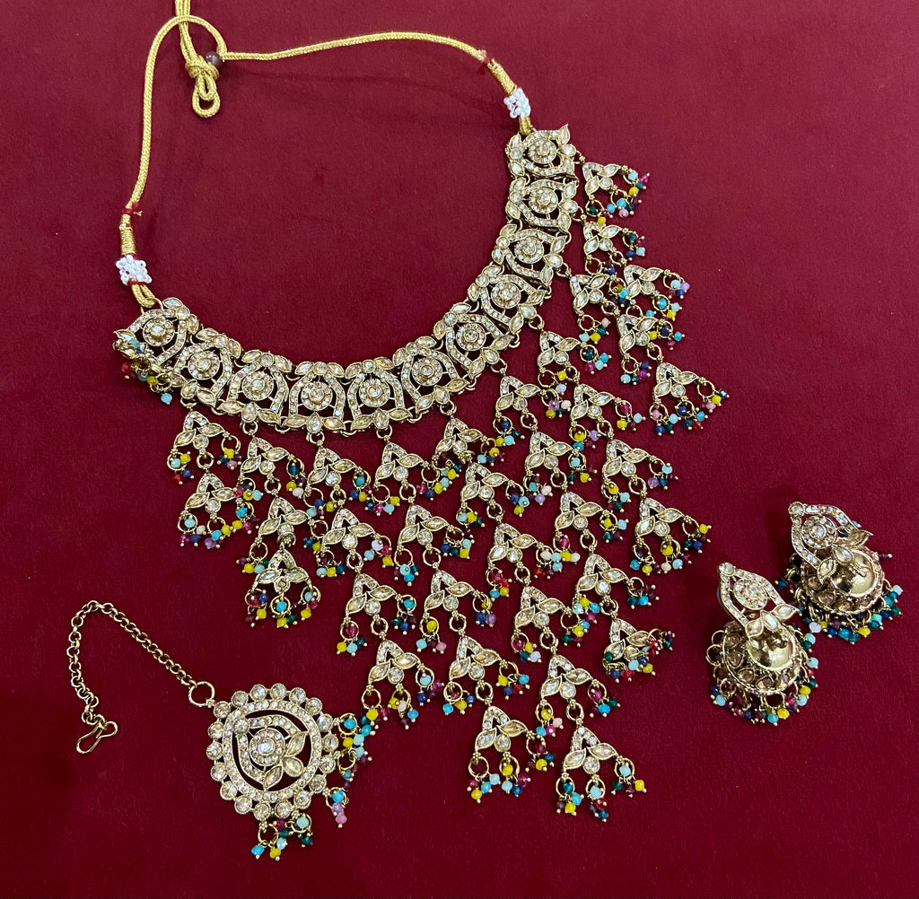 Rukaiya Jadau Layer Necklace With Mang Tikka & Jhumkas