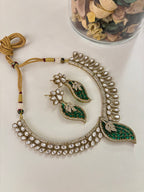 Premium Designer Moissanite & Doublet Stones Work Leaf Necklace With Earrings (Emerald)