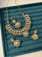 Teal Blue Kundan Dupe Necklace With Mang Tikka & Earrings