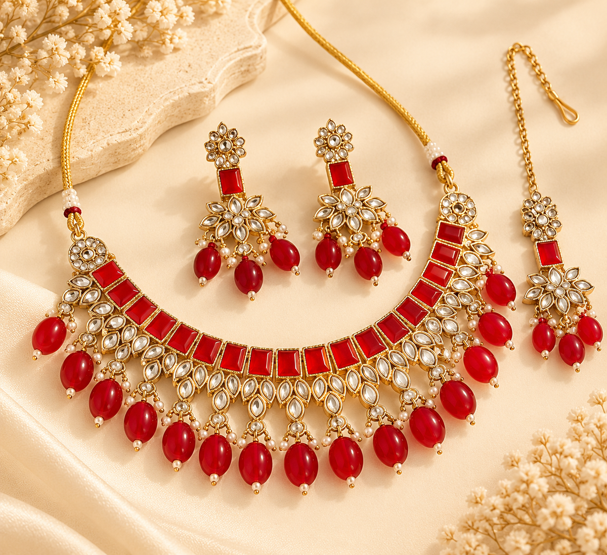 Red Sleek Necklace With Mang Tikka With Jhumkas