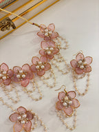 Flower Petal Floral Necklace With Mang Tikka & Earrings (Barbie Pink)
