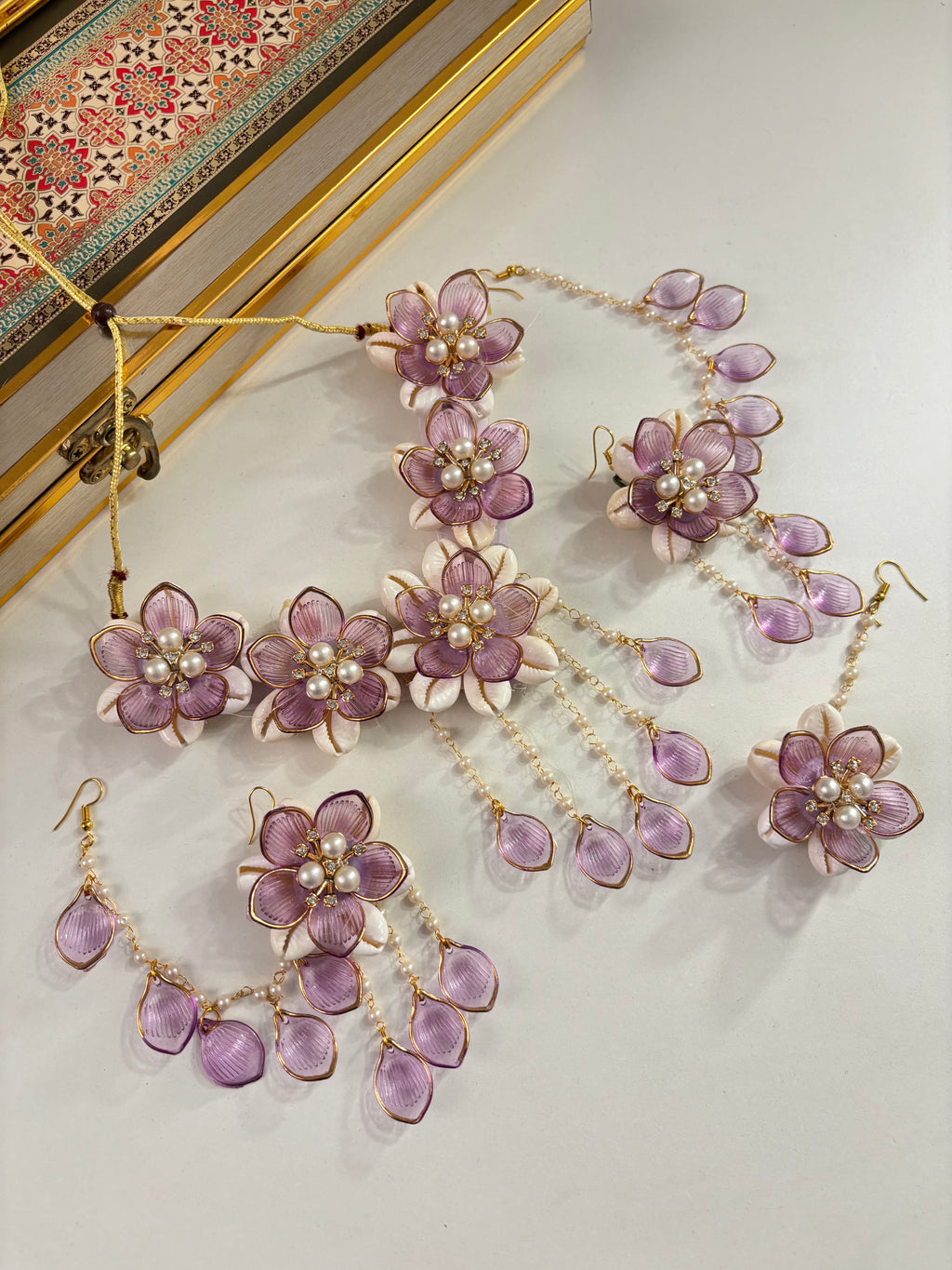 Rose Petal & Mogra Touch Necklace With Mang Tikka & Earrings With Side Layers (Lilac)