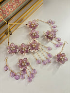 Rose Petal & Mogra Touch Necklace With Mang Tikka & Earrings With Side Layers (Lilac)