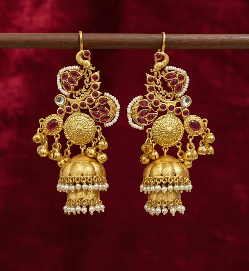 High Quality Designer Meena Earcuff With 2 Layer Jhumkas & Ghungroo Touch ( Ruby )