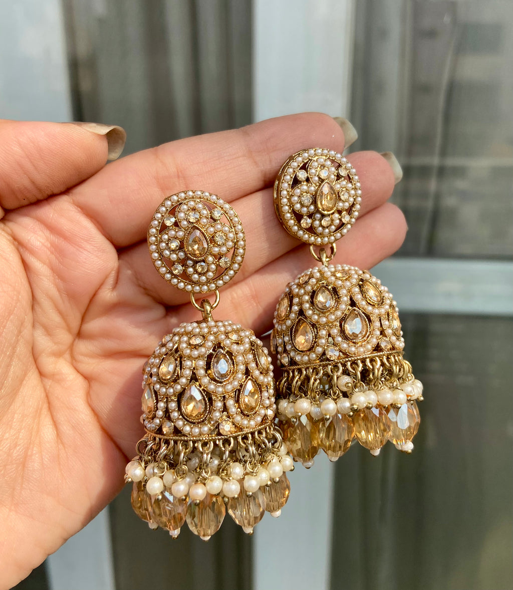 Champagne Crystal Beads Work & Jadau Touch Jhumkas