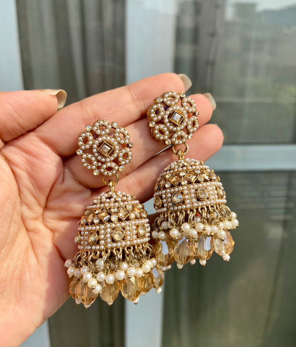 Champagne Crystal Beads Work & Jadau Touch Jhumkas