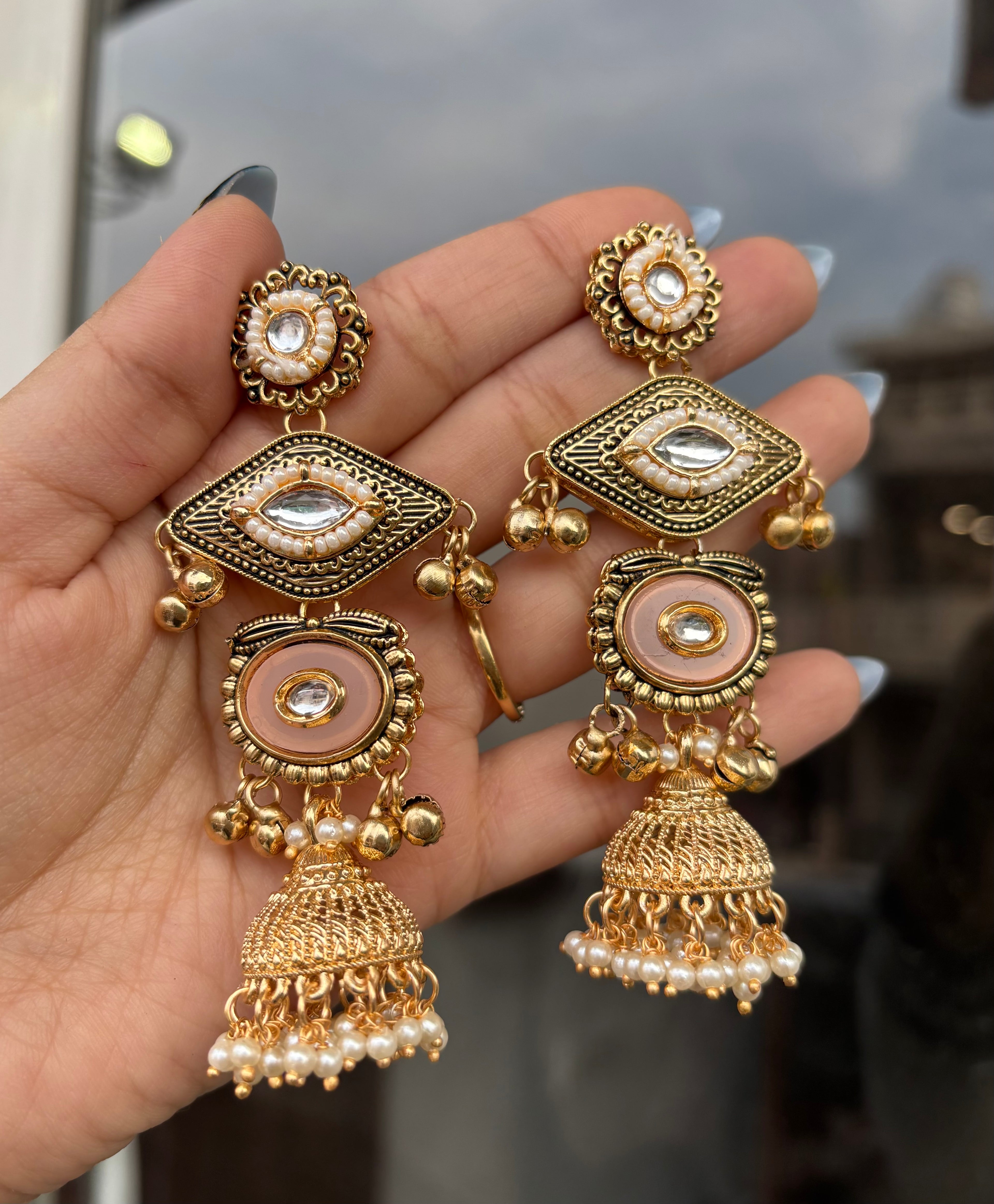 Tri Peach Kashmiri Earrings