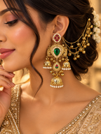 Rashmika Kashmiri Jhumkas With Detachable Earchain (Ruby/Emerald)