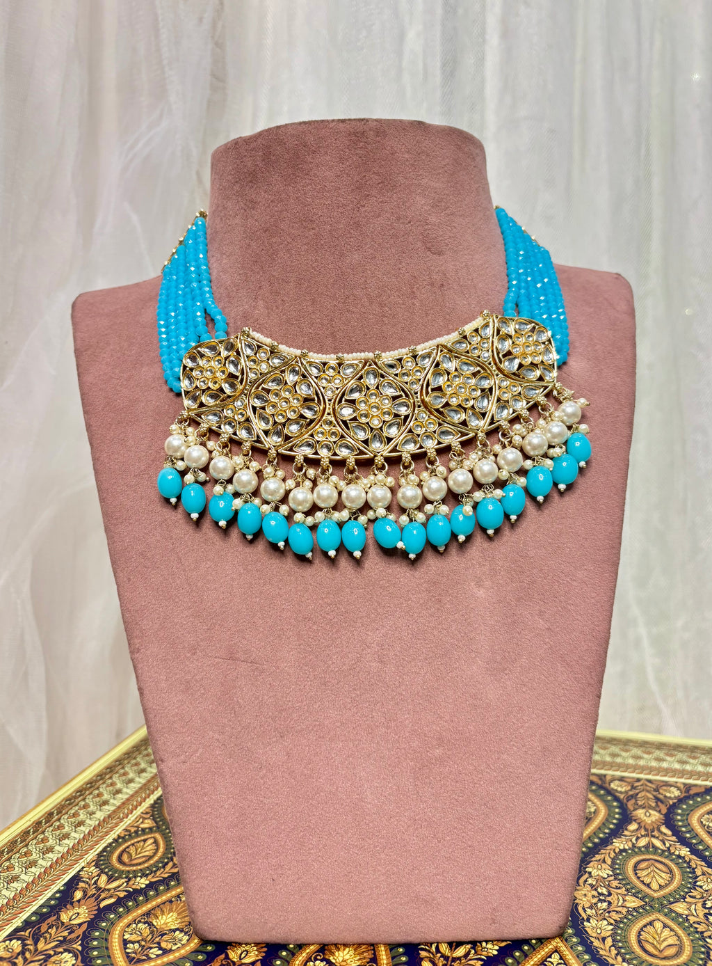Turquoise Choker Set In High Quality Crystal Beads Touch With Maang Tikka & Earrings