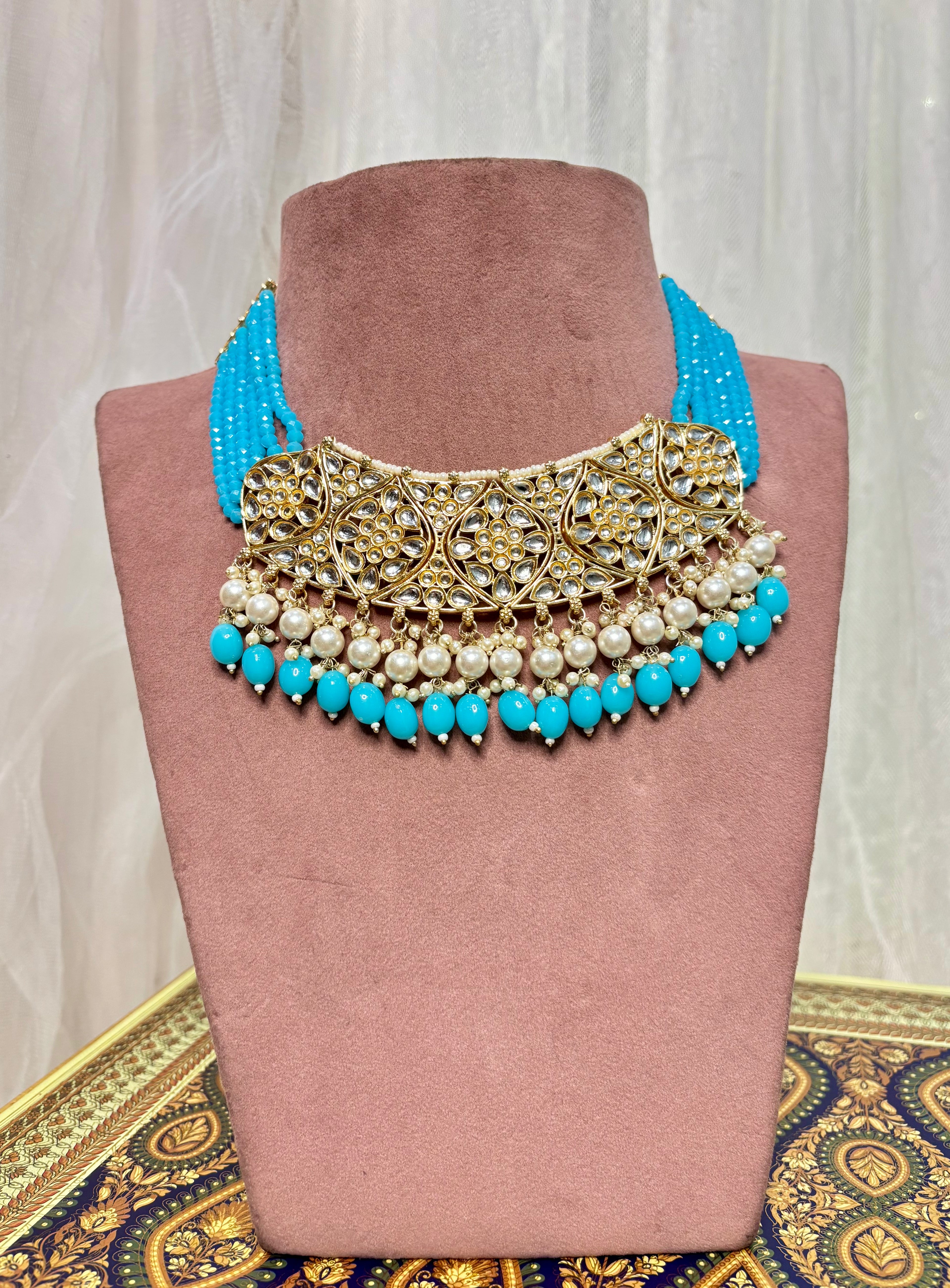 Turquoise Choker Set In High Quality Crystal Beads Touch With Maang Tikka & Earrings