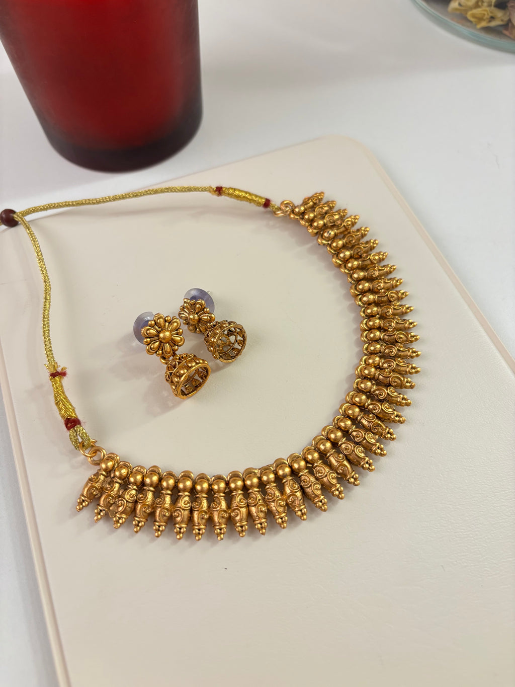 Gold Look Classy Necklace With Flower Jhumkas
