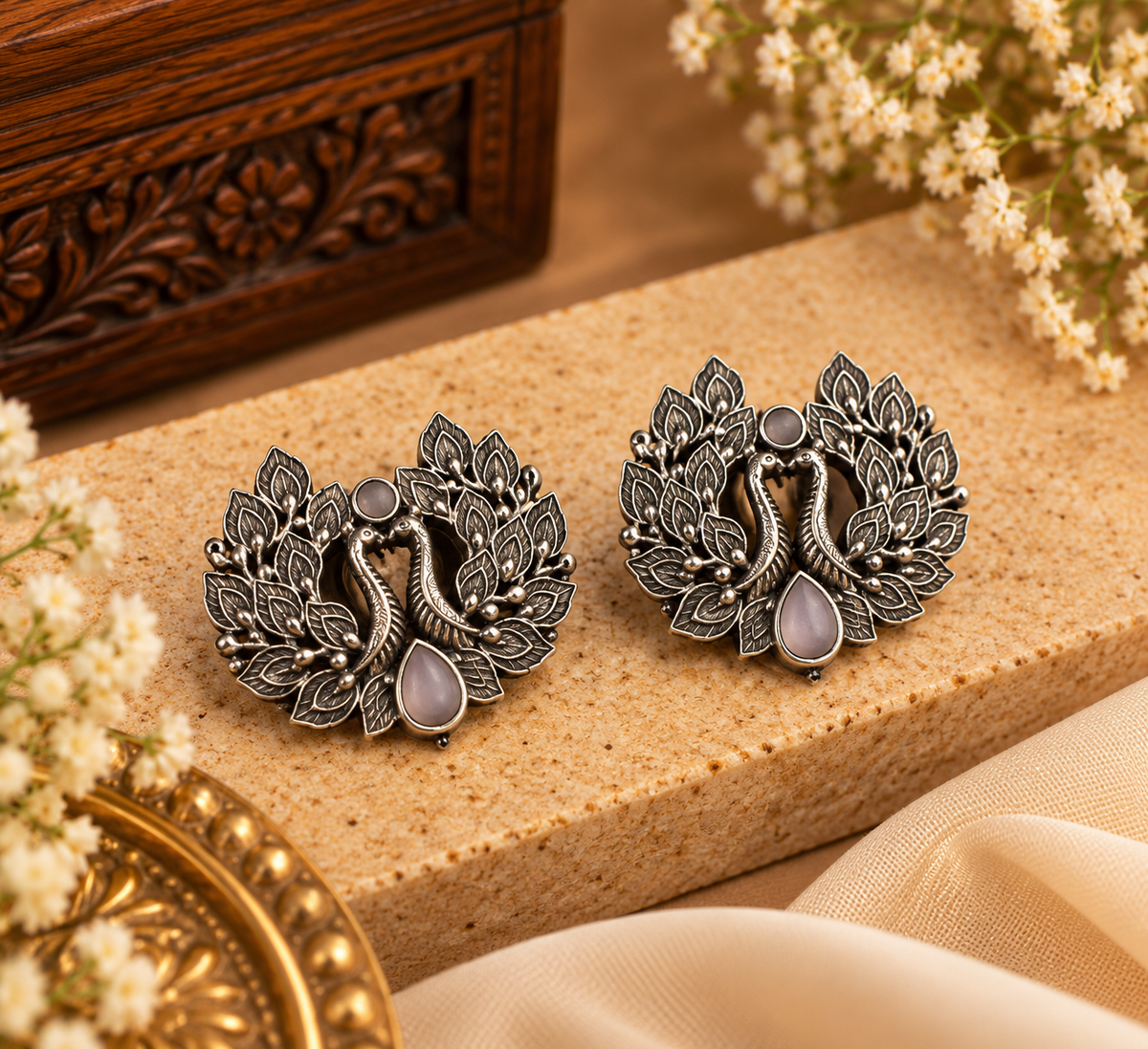 Double Swan Silver Earrings (Baby Pink)