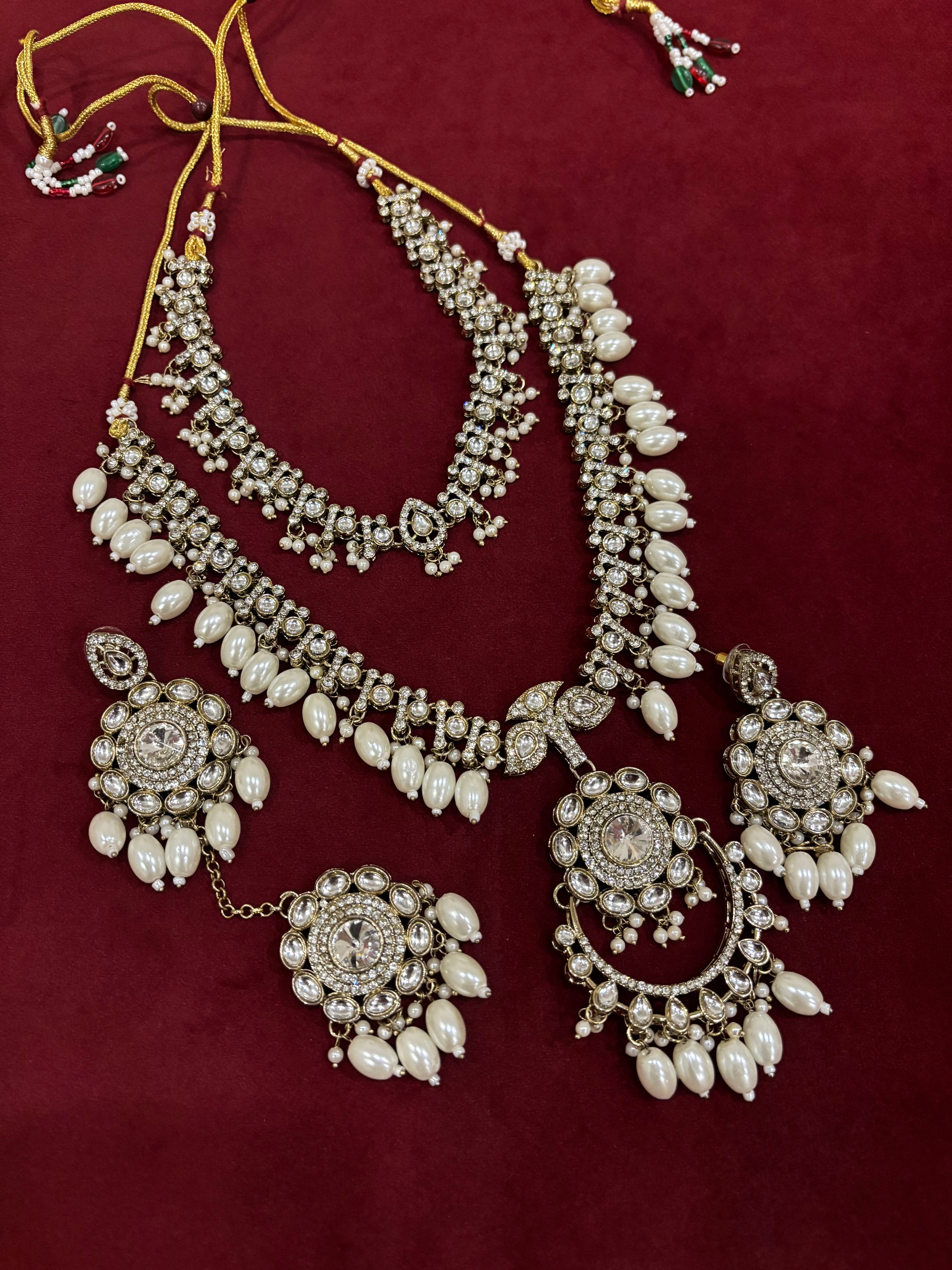 High Quality Designer Double Layer Statement Pearl Necklace With Mang Tikka & Earrings