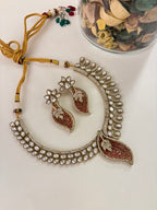 Premium Designer Moissanite & Doublet Stones Work Leaf Necklace With Earrings (Pink Ruby)