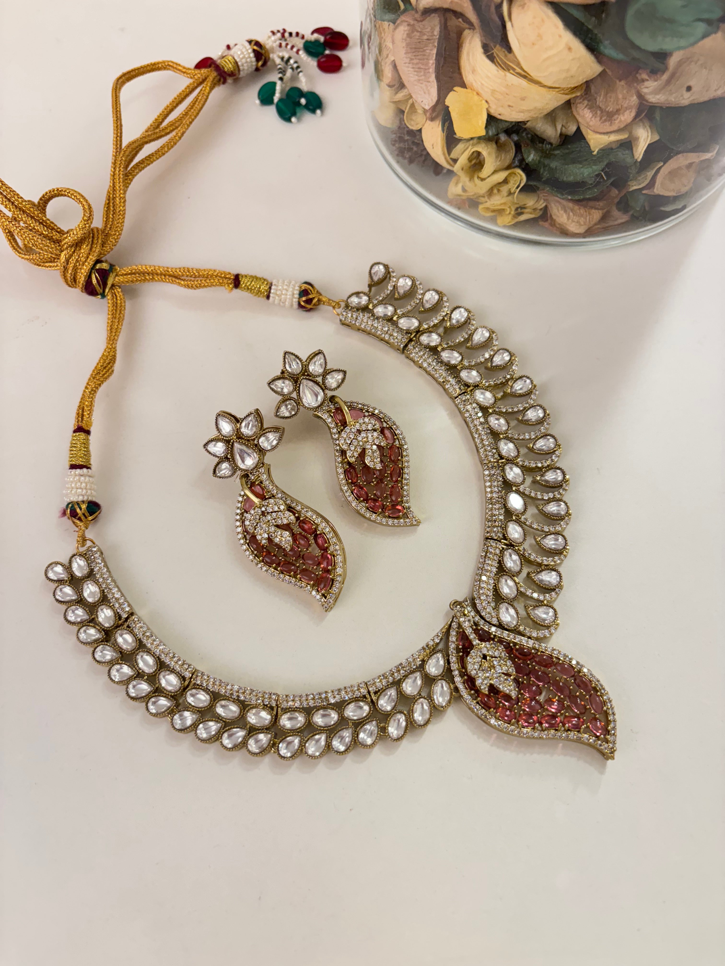 Premium Designer Moissanite & Doublet Stones Work Leaf Necklace With Earrings (Pink Ruby)