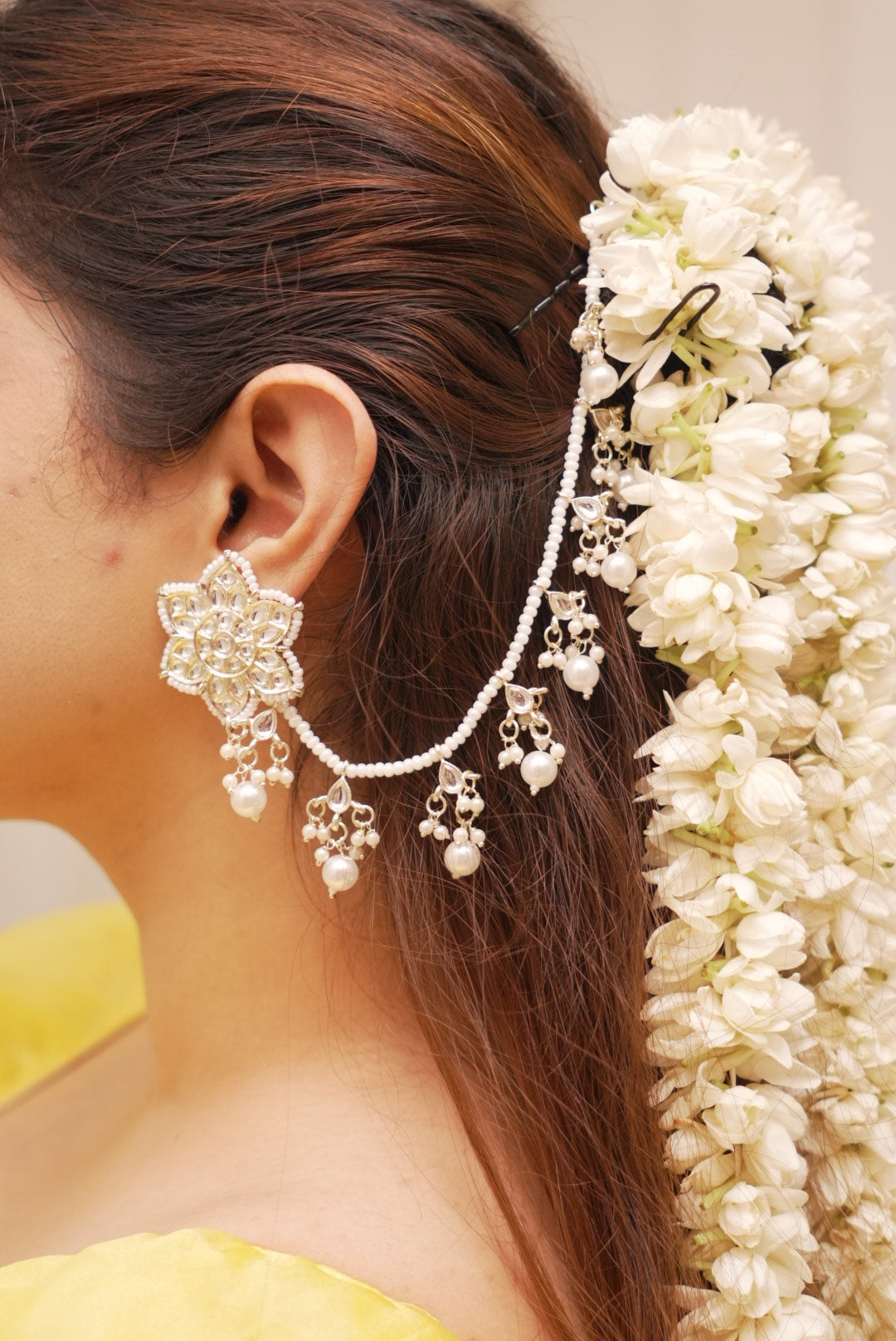 Flower Kundan Stud with Detachable Ear Chain