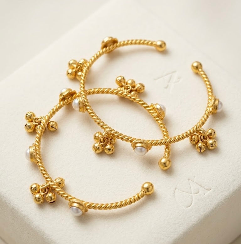 Pearl Flower Brass Adjustable Bangles (Pair)