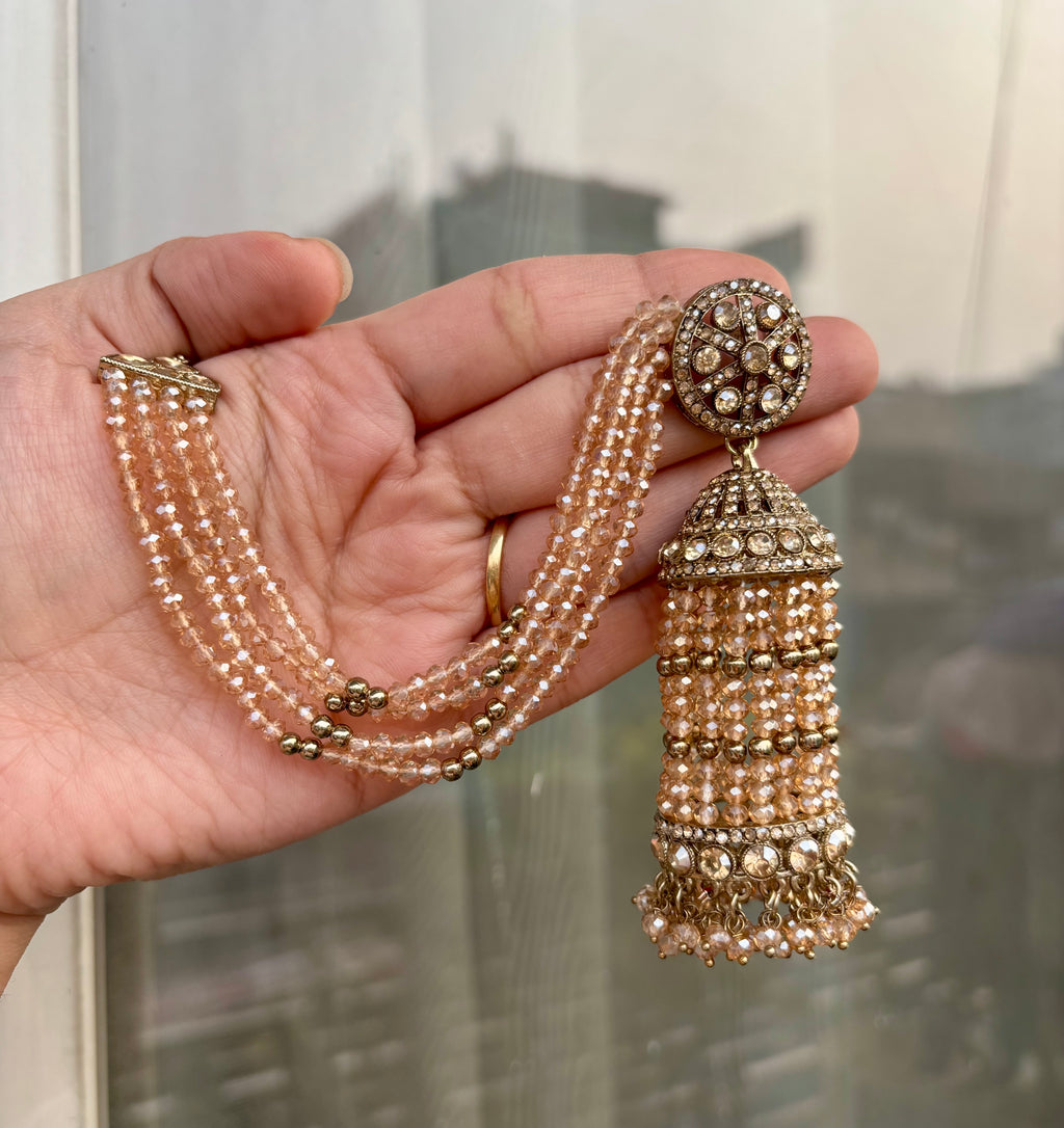 High Quality Designer Crystal Beads Work Champagne Colour Long Jhumkas With Side Layers
