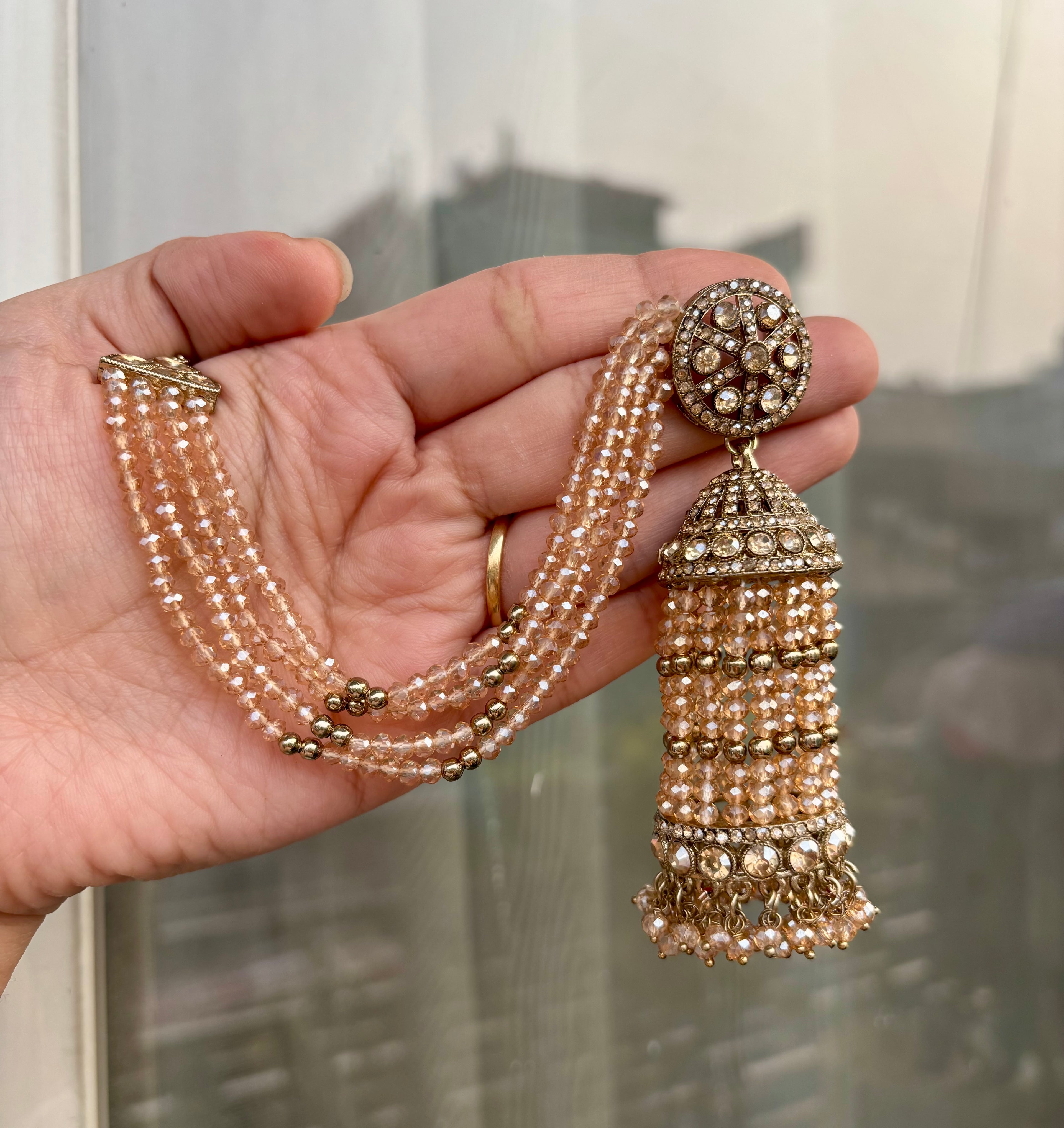 High Quality Designer Crystal Beads Work Champagne Colour Long Jhumkas With Side Layers