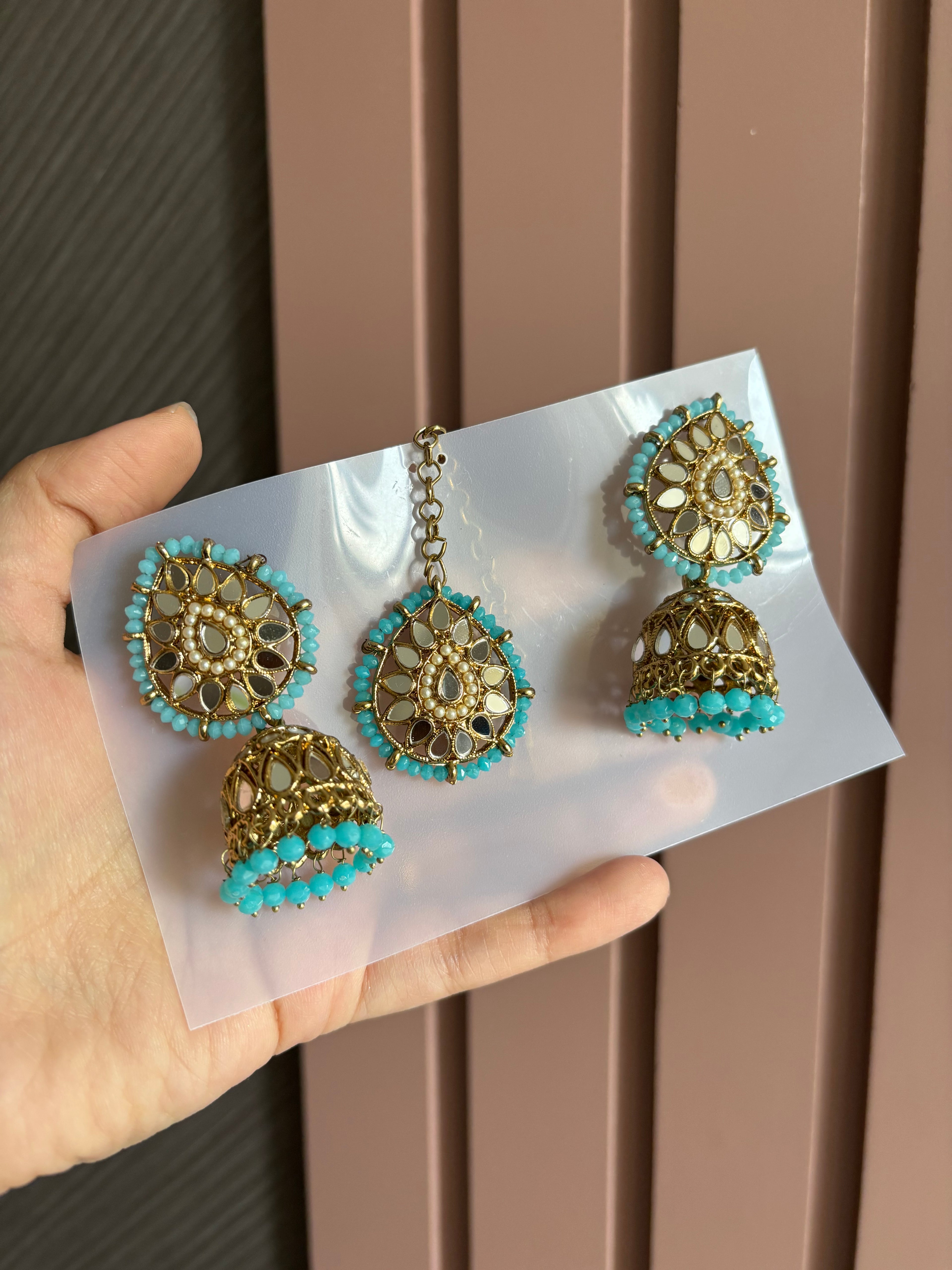 Turquoise Mirror Touch Mang Tikka With Jhumki